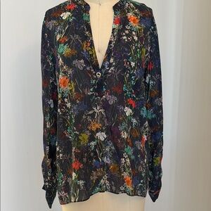 Zara Orange Red Graphic Blouse with Mandarin Collar